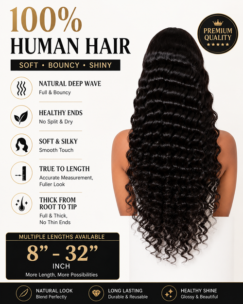 Deep wave human hair wig back view and length range