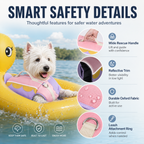 Dog flotation vest details, reflective trim, handle and attachment ring