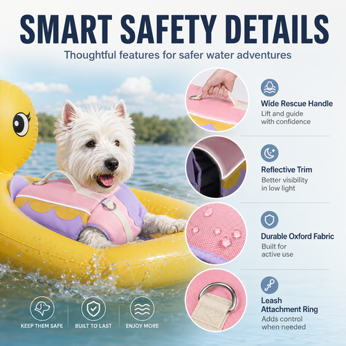 Dog flotation vest details, reflective trim, handle and attachment ring