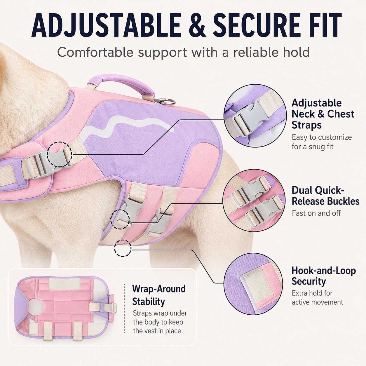 Adjustable straps and quick-release buckles on dog flotation vest