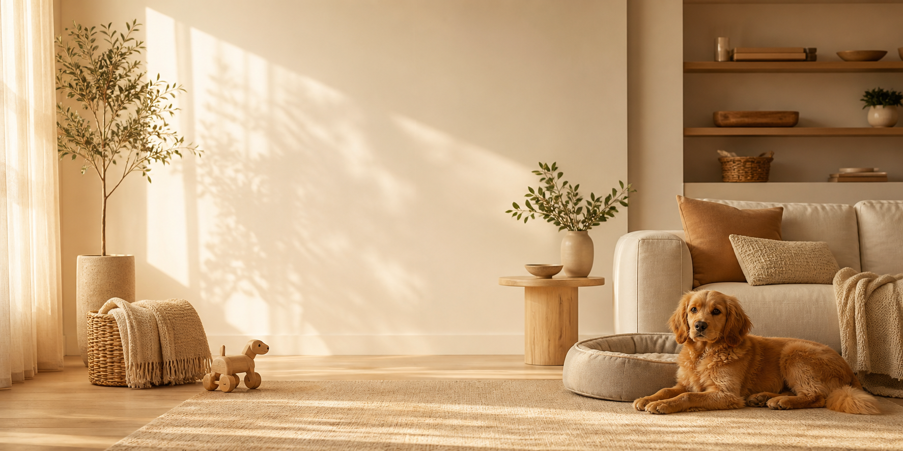 Warm VALNOREA living room with golden sunlight and a resting dog